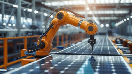 Wall Mural - Close-up of an orange industrial robot manipulator on a production line in a factory. Automated production of solar panels on the conveyor. High Technologies, the Future, concepts.
