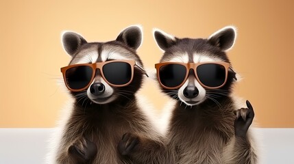 Wall Mural - Two raccoons wearing sunglasses and looking at camera on orange background