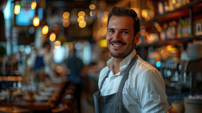 smiling man in apron in restaurant kitchen