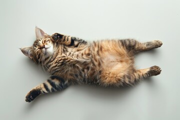 Cat lies on its back on a gray background