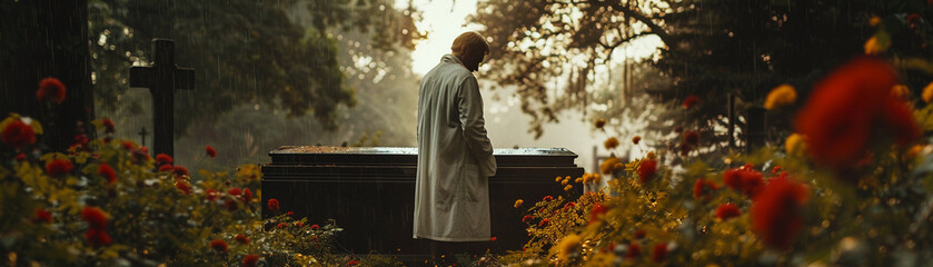 Rainy graveside service, doctor's white coat draped over casket, muted colors, eye-level, cinematic, heartfelt memorial