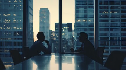 business team having a meeting in the boardroom with a city view through the window. Businesspeople sitting around the table talking a professional discussion at the office. generative AI