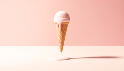 Wall Mural - A minimalist with pastel colors featuring an ice cream cone tipped over with the scoop of ice cream melting onto a flat surface