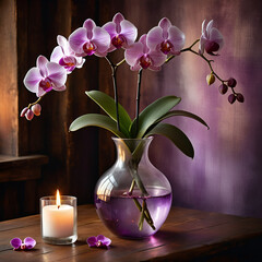 Wall Mural - Violet orchids by a candle, in a vase, under soft lighting