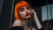 © Nataliia_Trushchenko - A woman with orange hair and red lipstick. She is wearing a gold necklace and a black dress. Scene is confident and bold. portrait, girl, influencer, orange short hair, red lips, photography style