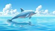   A dolphin leaping out of turquoise water against a backdrop of blue sky dotted with white clouds