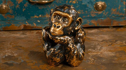 Poster -   Monkey figurine on floor beside chest with open drawer behind