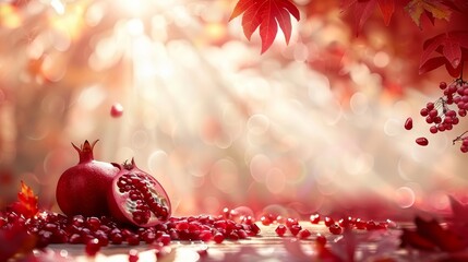 Wall Mural -   A pomegranate atop a table, nearby, leaves in a bundle, berries in another