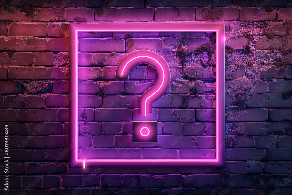 Blue glowing outline neon question mark or sign on brick wall ...