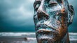  A tight shot of a statuesque face, dotted with water droplets, against a backdrop of cloud-filled sky