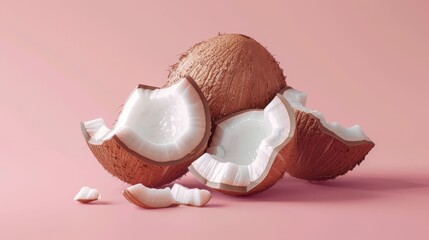 Wall Mural -   A cracked coconut against pink backdrop, one shown bitten, another nearby