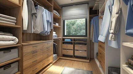 Wall Mural - Closet with towels and other clothes in modern dressing room interior