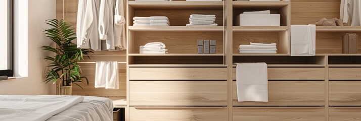 Wall Mural - Closet with towels and other clothes in modern dressing room interior