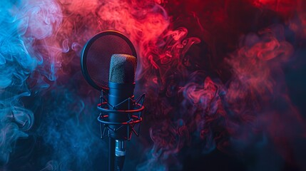 Studio microphone amidst colorful smoke, illustrating audio recording. Creative and atmospheric podcasting concept. Stylish music equipment photo. AI