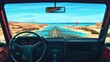 The inside view of a car on a desert road leading to an ocean beach coast. The steering wheel controls navigation with an ocean and rock scene in the windscreen.