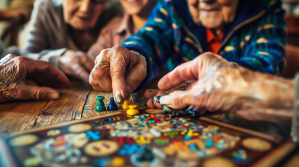 Photo of a family playing a board game with a close-up on the elderly hands moving a game piece illustrating the joy of shared activities 