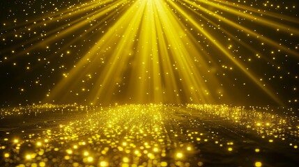 Poster - Decorative luxury illuminated theater award glow studio decor with gold light effect on stadium party stage background. Yellow disco spotlight ray design. Magic festive glitter projector.