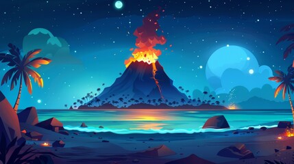 Wall Mural - A volcano island is depicted in the night sky on a cartoon modern background. A tropical isle beach is near palm trees and stars at night. A volcanic mountain in the forest is shown in a sea wash