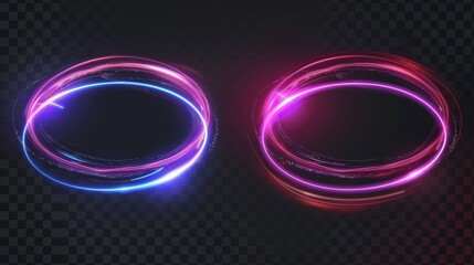 Wall Mural - Set of optical halo flares with neon light modern effect isolated on transparent background. Circle lens ring with glitter 3D digital design. Radiant speed motion design. Magic energy vortex with