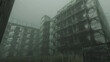 Foggy dilapidated apartment complex in a deserted setting