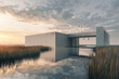 Modern museum by serene lake with flying birds at sunset