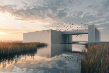 Wall Mural - Modern museum by serene lake with flying birds at sunset