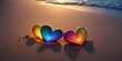 © Jayk - Romantic love symbol of colorful hearts on the sand beach with copy space