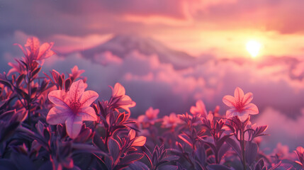 A beautiful field of pink flowers with a mountain in the background