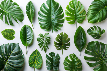 Wall Mural - An shiny foliage set featuring lush tropical leaves, evoking the beauty of a vibrant jungle.