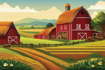 Wall Mural - Illustrated landscape of a farm for background. Beautiful Farm landscape Illustration background. Road to a peaceful farm. 