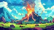 The first eruption of a volcano - cartoon modern illustration of exploding and flowing lava, green grass, plants, mountains and clouds in a prehistoric tropical landscape.