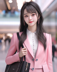 Wall Mural - 3D generated young woman, wearing a luxury business suit, she is the new boss in a high tech company.