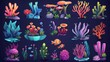 Cartoon underwater world animals and plants. Seaweed, coral, fish, stones, and broken clay pots are part of the set. Underwater plants and animals cartoon modern set.