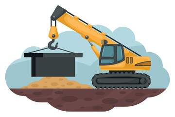 Wall Mural - Cartoon of telescopic crane moving a heavy iron. Heavy machinery used in the construction and mining industry