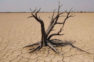 A dead tree standing on a dry land.