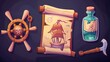 Set of pirate game icons for sea and ocean adventure concepts: wooden steering wheel, captain hat, hook, rum bottle, map on old parchment. Modern illustration set of corsair UI elements.