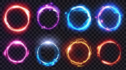 Wall Mural - Realistic modern illustration set of glowing energy rings for time and space travel. Amazing electric shining round frame on transparent background.