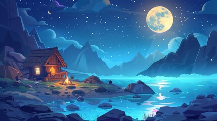 Wall Mural - In a summer night landscape with a wooden hut and campfire on shore of a lake near rocky mountains, surrounded by a starry sky and fool moon light, a wooden cottage is near a water pond for camping