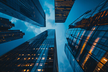 looking up at skyscrapers in a city at night