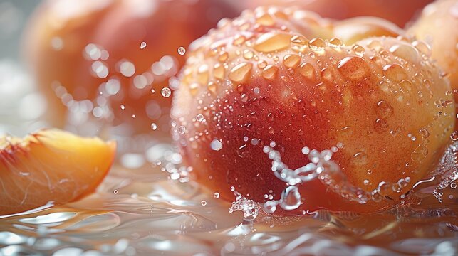 Tasty peach with peach juice splash on a white background. Generative AI.