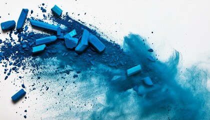 Wall Mural - blue chalk and dust flying, effect explode isolated on white background