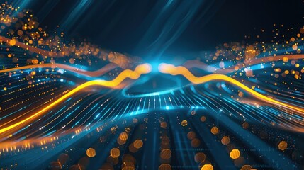Leinwandbilder - Light blue and yellow cyber beat line on the dark background. Generative AI.