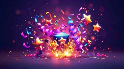 Wall Mural - Firecracker confetti 3d modern icon. Birthday or carnival firework or popper paper serpentine. Winner or holiday celebration cracker flying shapes.