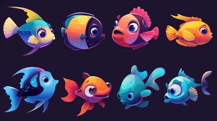 Sticker - Cartoon fish with fins and smiling lips. Modern illustration set of underwater fish and creatures from an aquarium or marine habitat.