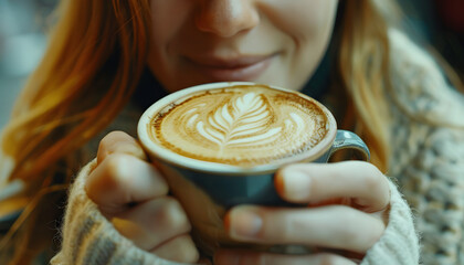 Closeup image of a beautiful young woman holding and drinking hot coffee in cafe