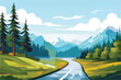 Mountain road in the mountains vector. Mountain landscape. Panorama of mountain with road and grassland. Road leading to mountains. sky. Vector Background.