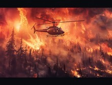 Fire Fighting Helicopter Carry Water Bucket To Extinguish The Forest Fire.