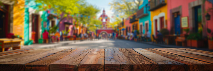 Poster - A blank rustic wooden table top with a colorful background of a blurred mexican street scene