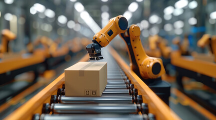 Leinwandbilder - Logistics production line, box, robotic arm, depth of field effect. Generative AI.