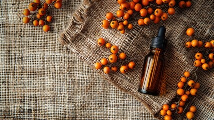 Wall Mural - Natural sea buckthorn oil and fresh berries on wooden table, flat lay